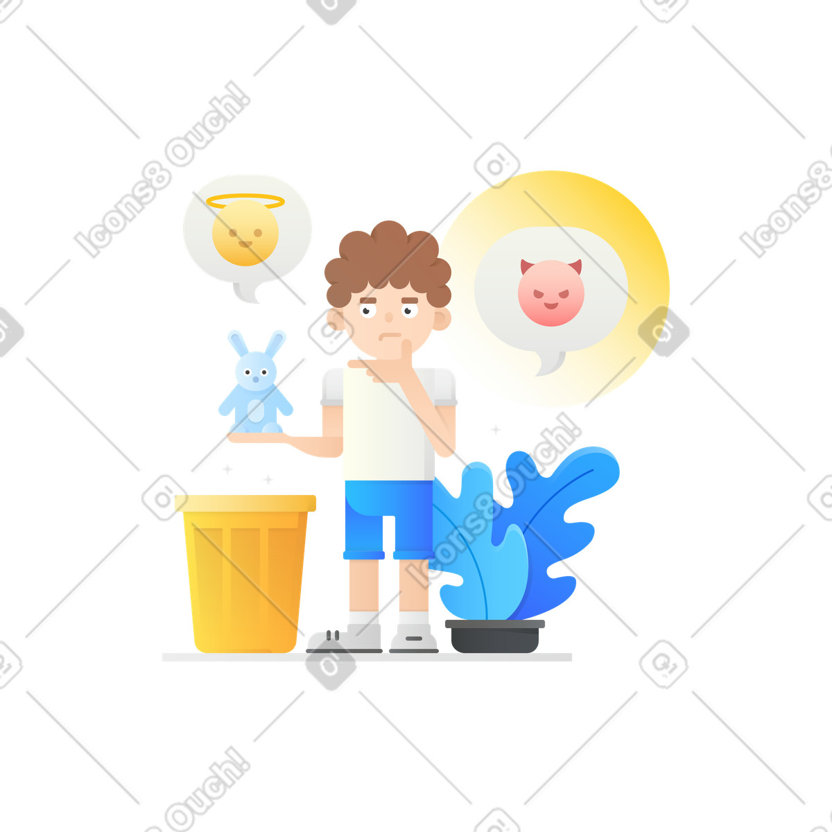 Boy thinking about throwing out a bunny toy illustration in Hugo style download in PNG, SVG