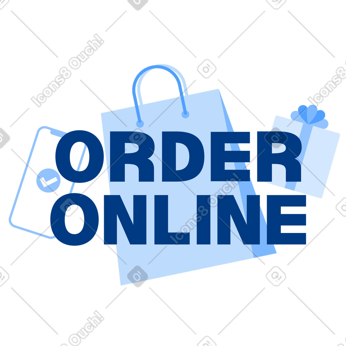 Order online text with phone and bag, Mobile shopping concept illustration in Urban style download in PNG, SVG