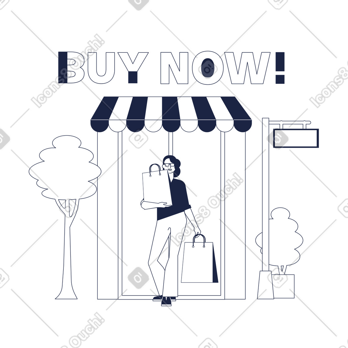 Shopper exiting store, Buy now campaign or retail sale illustration in Urban Line style download in PNG, SVG