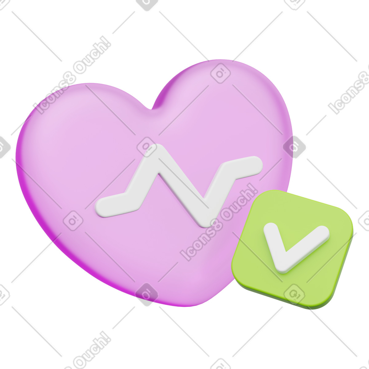下载 3D Playful 风格的 Heart health monitoring symbol with ecg line and checkmark badge 插画，支持 PNG、SVG 格式