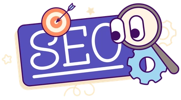 SEO text with a magnifying glass and gear - Simplistic style illustration