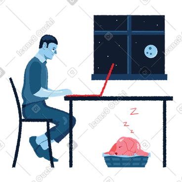 밤늦게 원격으로 일하는 남자 PNG, SVG