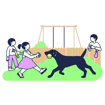 A black labrador is joyfully playing fetch with two children in a backyard. The labrador is in mid-run, holding a bright yellow ball in its mouth, with its tail wagging energetically. One child, a girl with pigtails, is running towards the dog, laughing as she stretches out her hands, ready to receive the ball. The second child, a boy with curly hair, is standing a few steps back, holding another toy and cheering for the dog. The grass is lush and green, and a wooden fence borders the backyard. In the background, a swing set is visible, enhancing the playful atmosphere of the scene.