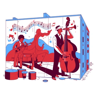 A large mural on the side of a city building depicts "jazz musicians" passionately performing. In the foreground, a "saxophonist" with a shiny instrument is captured mid-note, while a "double bassist" stands beside him, plucking the strings with precision. Above them, a "trumpeter" plays a soaring melody, and colorful musical notes flow around them. The background features abstract shapes and patterns that evoke the rhythm and energy of jazz. The mural is filled with "red" and "blue" colors, creating a lively atmosphere that draws in onlookers.