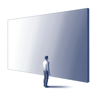 A person is standing in front of a large, shadowy wall. The wall has a textured surface that appears imposing, symbolizing emotional barriers. The individual is facing the wall, with their body language suggesting contemplation or hesitation. The area around them is empty, enhancing the feeling of isolation. Their silhouette contrasts against the wall, creating a striking visual dynamic. The scene evokes a sense of struggle and introspection.