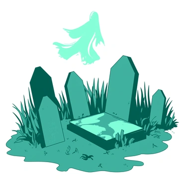 A teal overgrown cemetery is filled with moss-covered gravestones of various shapes and sizes. Tall, wild grass and tangled vines surround the gravestones, some of which are cracked and leaning. Above the cemetery, there is a white ghostly figure hovering, partially transparent, with flowing garments that ripple as if caught in a gentle breeze. The ghostly figure has an ethereal glow, casting a faint light on the gravestones beneath it. The atmosphere conveys an air of stillness and mystery.