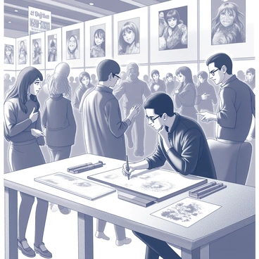 An artist is seated at a table in a bustling convention hall filled with fans and cosplayers. The artist is focused on sketching dynamic characters on a large sheet of paper. The table is cluttered with art supplies, including pencils, markers, and several reference images. The artist has an intense expression, capturing the movement and energy of the characters being drawn. Surrounding the artist, there are onlookers peering at the sketches, some pointing and discussing the artwork. Tapestries and banners depicting various anime shows and characters hang in the background, adding to the lively atmosphere of the convention.