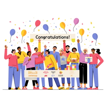 A lively celebration scene featuring a large group of diverse people smiling and cheering. Colorful confetti is scattered throughout the air, creating a festive atmosphere. Brightly colored balloons in various shapes and sizes float above the crowd. In the center, a large banner reads "Congratulations!" in bold letters. Some individuals are holding gift boxes, while others have their arms raised in excitement. The background is filled with festive decorations and a table displaying prizes from the raffle drawing.