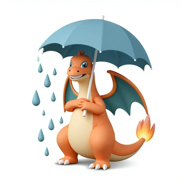 Charizard holding a large umbrella while it rains, looking playful.