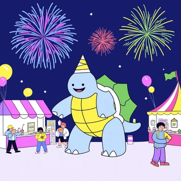 A large, cartoonish character resembling a turtle with spiked shells and a fierce expression is standing in the center of a lively festival. The character is wearing a colorful festive hat and a cheerful smile. Around him are various stalls with bright decorations and people enjoying the festivities, holding balloons and snacks. Above, the night sky is illuminated by a dazzling display of fireworks in multiple colors, bursting into beautiful shapes. The atmosphere is filled with excitement and joy, showcasing a vibrant celebration.