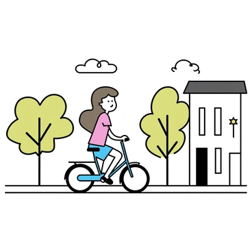 A girl with long brown hair, wearing a red t-shirt and blue shorts, is riding a bike along a sidewalk in a city. The bike is blue with a black seat. She is surrounded by simple buildings that are white and beige, lined on either side of the street. Green trees with a few leaves are scattered along the sidewalk, providing some shade. The sky above is clear with a few fluffy clouds.