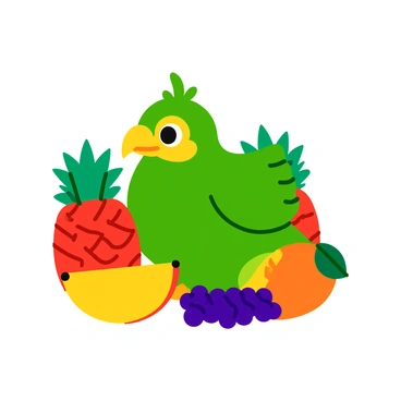 A vibrant green kakapo with bright yellow accents sits happily in the center of the image. The kakapo has large, expressive eyes and a rounded body, giving it a cheerful appearance. Surrounding the kakapo is an assortment of colorful tropical fruits, including vivid red and yellow pineapples, bright orange and green mangos, and clusters of deep purple grapes. The fruits are arranged around the kakapo in a playful manner, showcasing their glossy textures and various shapes. The overall scene is lively and filled with rich colors, highlighting the joyful interaction between the kakapo and the delightful fruits.
