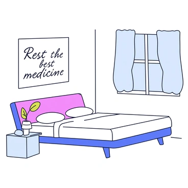 A simple mattress with white bedding is positioned in the center of a light-colored room. The wall behind the mattress has a framed quote in elegant black font that reads, "Rest is the best medicine." The room has minimal furniture, featuring a small bedside table with a single plant on it. Soft natural light filters in through a window with sheer curtains, creating a warm atmosphere.