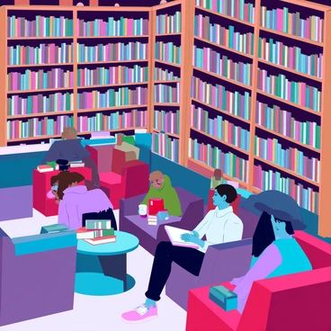 A cozy bookstore filled with wooden bookshelves, overflowing with colorful books of various genres. Warm, soft lighting illuminates the space, creating a welcoming atmosphere. In one corner, a photographer with short brown hair and a black camera is captured taking candid shots of customers engrossed in their reading. Some readers are seated in plush armchairs, while others browse through the aisles, their faces showing concentration and joy. A coffee shop area is visible, with patrons sipping beverages as they enjoy their books. The photographer moves discreetly among the shelves, aiming to capture the essence of reading in this intimate setting.