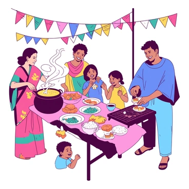 A group of people from different cultures is gathered at a vibrant festival, showcasing their traditional foods. To the left, a woman in a colorful sari is serving fragrant yellow curry from a large pot, while a man wearing a blue poncho is flipping tortillas on a grill to the right. In the center, a table is adorned with an array of dishes, including white rice, orange tamales, and teal fruit salads. Surrounding the table, children are laughing and enjoying sweet treats. Colorful banners and decorations hang overhead, adding to the festive atmosphere. Each person is engaged in conversation and sharing smiles, celebrating their diverse culinary traditions.