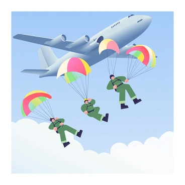A formation of paratroopers is jumping out of an aircraft flying high in the blue sky. Each paratrooper is wearing an olive green jumpsuit and a helmet, with their parachutes deploying in a burst of vibrant colors above them. The aircraft is a military transport plane, appearing large and imposing, with its doors wide open. Below, the clouds are fluffy and white, blending into the vast expanse of the sky. The paratroopers are arranged in a dynamic diagonal formation, showcasing their descent and the spread of the parachutes as they flutter and fill with air.