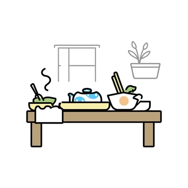 A simple tea ceremony setting is presented. A wooden table is set in the center, with a white cloth draped over it. On the table, a tea set showcases "koi fish motifs" in blue and orange colors, including a teapot, cups, and a tray. A bamboo whisk and a small bowl sit nearby, alongside a delicate arrangement of green tea leaves. The background features minimalistic outlines of traditional Japanese elements, such as a sliding door and a subtle plant in a corner. The overall atmosphere is calm and inviting.