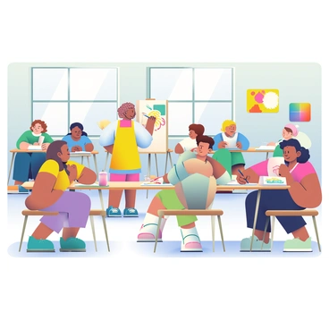 A spacious workshop room is filled with students actively drawing at wooden tables. Each student has a sketchbook open in front of them, and they are using various colored pencils and ink pens. Some students are focused on their individual projects, while others are looking up at an instructor who is providing guidance. The instructor, a woman with short curly hair and wearing a bright yellow apron, is standing at the front demonstrating techniques on a large easel. The walls are decorated with colorful art made by previous students, and natural light is streaming in through large windows. Each table is equipped with art supplies, including jars of paint, brushes, and erasers scattered about.