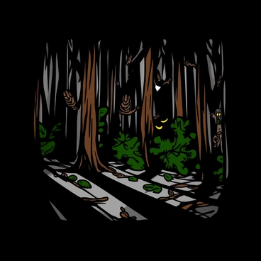 A dense forest filled with tall, dark trees and thick underbrush. The ground is covered with fallen leaves and twisted roots. The light is dim, creating an eerie atmosphere as shadows stretch across the forest floor. In the background, there are glimpses of grotesque infected creatures lurking among the trees, with glowing eyes peering out. The creatures have twisted limbs and a menacing appearance, blending into the darkness of the forest.