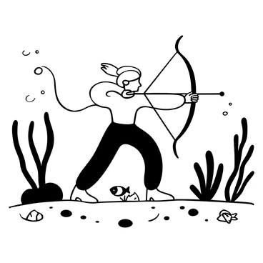 An archer gracefully moving underwater, aiming a harpoon