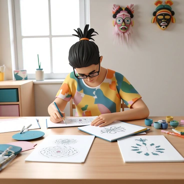 An artist, a middle-aged woman with long black hair tied in a messy bun, is sitting at a large wooden table covered with art supplies. She is focused on her sketchbook, where she is drawing various symbols and motifs inspired by different cultures. Around her, there are colorful fabrics, masks, and artifacts representing diverse cultural backgrounds. She is wearing a colorful patterned blouse and glasses as she studies an intricate design. The room is filled with natural light coming from a nearby window, illuminating her workspace.