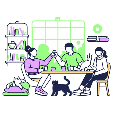 A lively cat café filled with customers seated at wooden tables, each enjoying cups of coffee. Some customers are smiling and interacting with friendly cats that roam freely around the café. One customer is gently petting a fluffy cat sitting on their lap. Another cat is playfully perched on the edge of a table, while a third cat lounges on a cushion nearby. The café features large windows allowing light to stream in, creating a warm atmosphere. Shelves filled with books and cat-themed decorations line the walls, adding to the cozy environment.