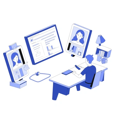A virtual meeting room features multiple screens displaying remote team members engaged in a video conference. Each screen shows a different person, with expressions of focus and engagement. The individuals are positioned in various home office settings, surrounded by personal items like bookshelves, plants, and desk lamps. In the center, a large screen displays the group's shared presentation, featuring bullet points and charts. Cables and devices are visible on the desk, and the overall atmosphere captures the essence of a collaborative work environment.