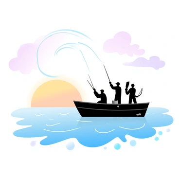 A group of fishermen is standing in a small boat, casting their nets into the open sea. The water is gently rippling under the soft light of the sunrise, which paints the sky in gradients of peach and lavender. The silhouettes of the fishermen are visible as they skillfully throw their nets, creating arcs above the water. In the background, the horizon blends into a warm yellow as the sun begins to rise. The boat is adorned with fishing gear, and there are small waves lapping around its sides. The scene captures a tranquil moment of early morning activity at sea.