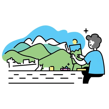 An artist with a short beard and wearing a blue shirt is sitting on a stone section of the Great Wall of China. The artist is focused on painting a vibrant landscape on a canvas placed on an easel. Surrounding him, there are green hills and distant mountains under a clear blue sky. The Great Wall winds along the hills, with some sections visible in the background, showcasing its ancient stone structure. The artist has a palette of colorful paints beside him, and a few brushes are resting on the ground.