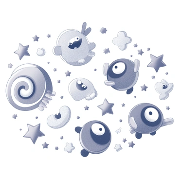 A collection of whimsical creatures is scattered across the page. Each creature has exaggerated features, such as large eyes and uneven limbs, contributing to their playful appearance. They are surrounded by a variety of imaginative patterns, including spirals, stars, and abstract shapes. The creatures interact with the patterns; some are peeking around the spirals while others are playfully entangled in the stars. The overall composition is dynamic, with elements overlapping and intertwining to give a sense of movement and fun.