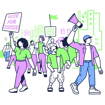 A dynamic illustration of a civil rights march advocating for voting rights