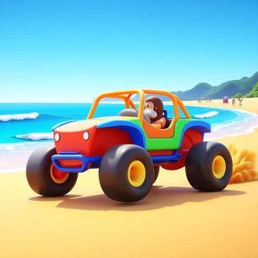 A beach buggy racing along the sandy shores of a sunny beach
