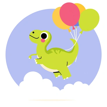 A small dinosaur with green scales and big, expressive eyes is floating in the air. It has tiny arms gripping onto a bunch of colorful balloons that are bright red, blue, yellow, and green. The dinosaur has a cheerful smile on its face, and its tail is curled up in excitement. Below, a soft, fluffy white cloud can be seen, adding to the whimsical scene. The sky is a clear blue, creating a vibrant backdrop for the dinosaur's happy adventure.