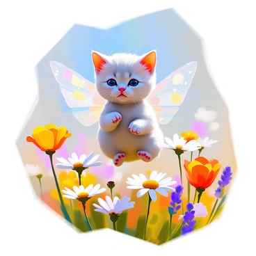 A small, fluffy kitten with soft gray fur is dressed in sparkling fairy wings, which shimmer in the sunlight as it flutters above a vibrant field of wildflowers. The kitten's playful eyes are wide with wonder as it hovers in the air, surrounded by an array of colorful blossoms including bright yellow daisies, delicate purple lavender, and cheerful red poppies. The background features a clear blue sky, and a gentle breeze causes the flowers to sway, creating a lively, enchanting scene.