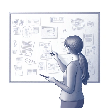 Marie Savart is standing beside a large whiteboard. She is engaged in brainstorming, surrounded by a chaotic collection of sketches and notes. The whiteboard is covered in a variety of drawings, some depicting innovative concepts and others showing intricate designs. Marie has a focused expression as she reviews the sketches, a black marker in her hand. The room is filled with creative energy, showcasing a blend of inspiration and imaginative ideas that fill the space.