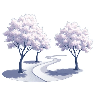 A winding path meanders through a serene landscape. On either side of the path, cherry blossom trees are in full bloom, their branches heavy with delicate flowers. The petals gently fall to the ground, creating a soft carpet of blooms. The trees are tall and majestic, with a perfect arrangement that frames the path beautifully. The scene evokes a sense of tranquility as the trees sway slightly in a gentle breeze. Shadows cast by the branches add depth to the pathway, leading the eye forward into the blooming wonderland.