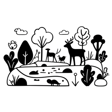 A serene landscape showcasing a balanced ecosystem. Various animals such as deer, rabbits, and birds are present in different areas, interacting with their environment. Lush plants and trees surround the scene, providing shade and habitat for the wildlife. A clear water source, such as a small stream or pond, reflects the surrounding flora and offers a drinking spot for the animals. The elements of nature are arranged to depict a harmonious coexistence among all living beings.