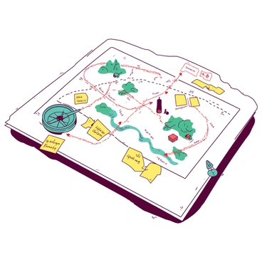 A white table is covered with a detailed map illustrating various escape routes to freedom. The map features multiple colors and symbols, marking different paths and locations. There are dashed lines indicating the escape routes, with small red arrows pointing towards exits. Various landmarks are labeled with black symbols, including trees, water sources, and buildings. Scattered around the map are small yellow sticky notes with additional notes and reminders. A teal compass rests on one corner of the table, providing orientation to the map.