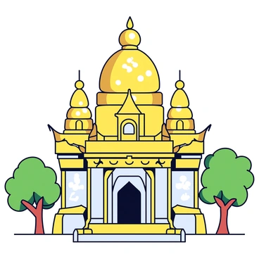 An ancient temple with tall stone walls. The walls are painted in various shades of gold, creating a shimmering effect. Ornate carvings are visible along the edges of the temple, depicting intricate patterns and symbols. The temple's roof is adorned with decorative elements that reflect the golden hues of the walls. Sunlight casts warm glows on the structure, enhancing its majestic appearance. Surrounding the temple are lush green trees, framing the scene beautifully.