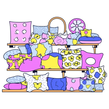 A vintage store section filled with an assortment of pillows featuring retro designs. The pillows come in various shapes and sizes, showcasing patterns like polka dots, floral prints, and geometric shapes in vibrant colors. Each pillow is neatly arranged on wooden shelves, with some leaning against each other for support. The background includes hints of vintage decor, such as an antique mirror and a rustic wooden table. Soft lighting creates a warm ambiance, highlighting the unique textures of the fabrics.