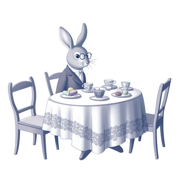 A rabbit dressed in Victorian attire sits upright, wearing a small jacket and a waistcoat, along with a monocle perched on one eye. The rabbit is positioned at a lace-covered table, which is elegantly set for a tea party. The table is adorned with delicate, fancy teacups featuring intricate designs. There are a variety of pastries arranged artfully on elegant plates, showcasing shapes like eclairs, tarts, and macarons. Surrounding the table are a few dainty chairs, inviting guests to join the gathering.