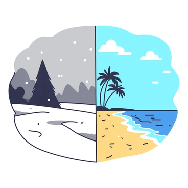 A snowy winter landscape on the left side features a blanket of white snow covering the ground and trees. Snowflakes are gently falling from the gray sky. In contrast, the right side of the image showcases a sunny beach with golden sand and waves gently lapping at the shore. A bright blue sky filled with a few fluffy clouds is overhead. Palm trees are swaying slightly in the warm breeze on the beach side. The transition between the two scenes is seamless, creating a vivid juxtaposition of winter and summer environments.