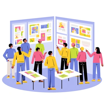 A group of attendees is gathered in a spacious event hall, viewing vibrant digital illustrations displayed on large screens. The screens show colorful artwork featuring various themes, including fantasy landscapes and whimsical characters. Each attendee is engaged, some pointing at the screens while others discuss the illustrations with enthusiasm. The room is filled with soft lighting, highlighting the dynamic colors of the digital artwork. A few tables are arranged nearby, with pamphlets and art supplies scattered across them, inviting more interaction and creativity.