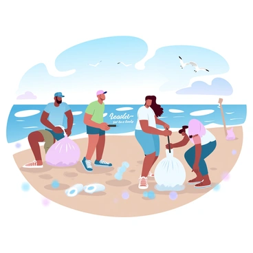 A group of volunteers wearing colorful t-shirts and hats is picking up litter on a sandy beach. Some volunteers are using grabbers to collect trash, while others are placing items in large trash bags. The beach is lined with gentle waves that are rolling in, creating a peaceful backdrop. In the distance, a few seagulls are flying over the water, adding life to the scene. Bright blue skies above transition into soft pastel hues, enhancing the tranquil atmosphere. "Clean beaches for a better tomorrow" is written in bold letters on a sign held by one of the volunteers.
