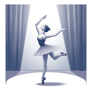 A ballerina is performing on a stage. She is in mid-pose, with one leg extended gracefully behind her and her arms lifted elegantly. The spotlight is focused on her, illuminating her figure while the surrounding area remains in shadow. The stage is adorned with a simple, textured backdrop that suggests a theater setting. Her attire consists of a flowing tutu, and her hair is neatly styled in a bun. The atmosphere is characterized by the contrast between the brightness of the spotlight and the darkness of the background.