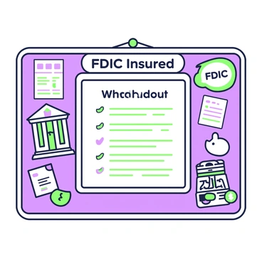 A community bulletin board is filled with various flyers and announcements. In the center, there is an informative poster about the FDIC. The poster features a large heading that says "FDIC Insured" in bold letters at the top. Below the heading, there is a section detailing the benefits of FDIC insurance, including concise bullet points. To the side, there is an illustration of a bank building with the FDIC logo prominently displayed. Underneath, there are images of various financial items, such as a savings account statement, a piggy bank, and coins, neatly arranged. The overall composition is organized and eye-catching, attracting the attention of passersby.