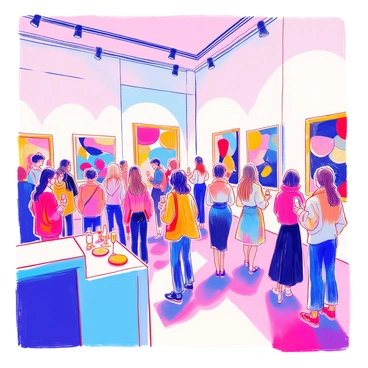 A modern art gallery is filled with visitors admiring various paintings displayed on white walls. The room is brightly lit, highlighting the vibrant colors of the artwork. A group of visitors is gathered near a large abstract painting, discussing its features. Another visitor stands alone, absorbed in the details of a colorful canvas. The attendees are dressed in fashionable outfits, creating a dynamic atmosphere. Some are holding glasses of champagne, while others take pictures with their smartphones. A sleek reception desk is positioned near the entrance, where a staff member greets guests.