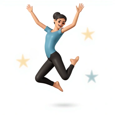 A dancer, wearing a vibrant blue leotard and black leggings, is captured mid-jump with arms extended gracefully above her head. Her hair is pulled back in a sleek bun, and her facial expression conveys intense focus and joy. The dancer's toes are pointed, showcasing her technique, while the background features blurred lights that suggest a stage setting, emphasizing the fluid motion of her leap.