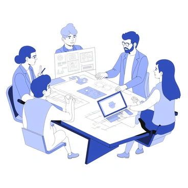 A diverse group of engineers is engaged in a discussion around a table. The table is covered with blueprints and several laptops are open, displaying various designs and data. Each engineer is focused, with one pointing to a section of the blueprint, while another takes notes. There are different ethnicities represented among the engineers, showcasing a mix of genders. The setting is well-lit, emphasizing the collaborative atmosphere and the details of the blueprints on the table.