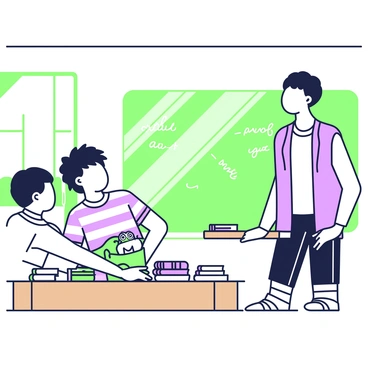 A mischievous student is sitting at a wooden desk in a classroom. The student, with tousled hair and wearing a striped shirt, glances around nervously while hiding a small green frog in their pocket. The classroom features a chalkboard filled with handwritten notes, and the desk is cluttered with textbooks and a pencil case. The teacher stands at the front of the class, looking in the opposite direction, unaware of the student’s secret. The other students around are focused on their work, with some glancing at the teacher. The sunlight streams in through the window, casting soft shadows across the room.